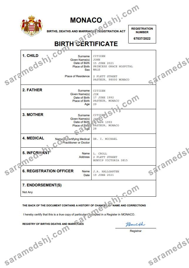 Monaco vital record birth certificate Word and PDF template